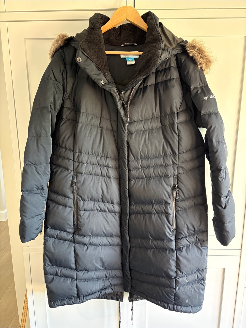 Columbia Black Mid Puffer Coat Parka Faux Fur Trim Hood Black SZ XXL